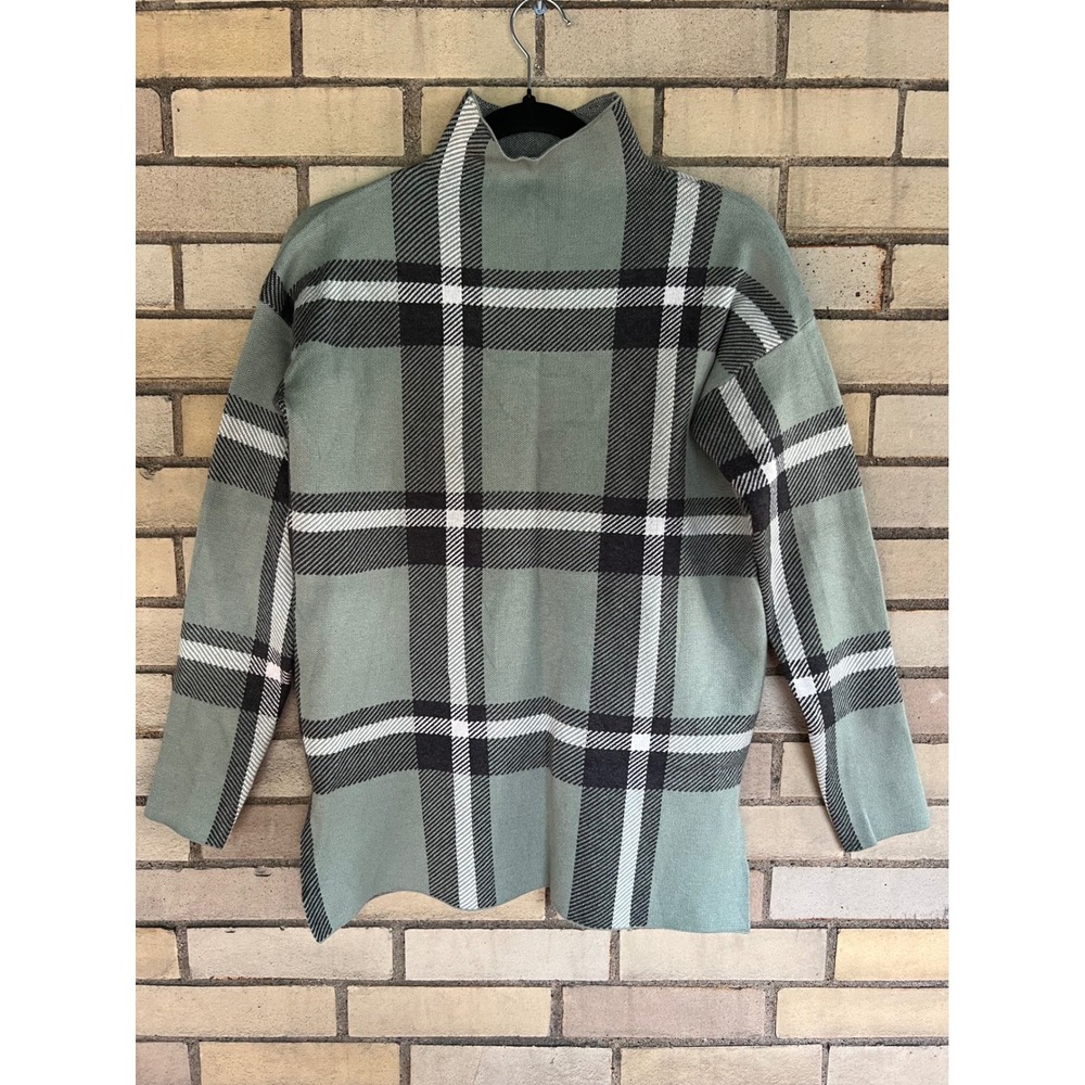 Max Studio Sage Green Windowpane Plaid Mock Neck Sweater Size XS Rayon Blend